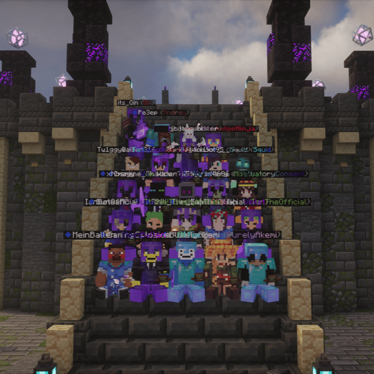 CrabCraft players gathered together on stone steps