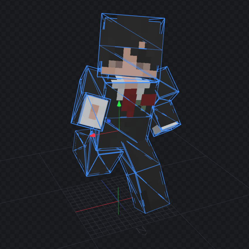 Minecraft skin renderer showing a running player with blue wireframe outlines